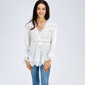 Velzera White Bell Sleeve Lace Pullover White Blouse Top S NWT